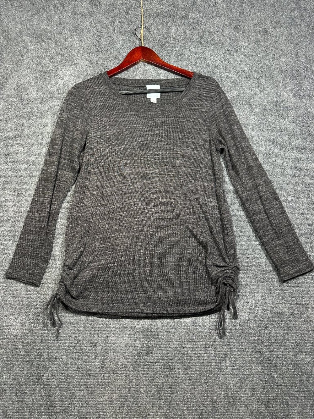 Sunday Sweater  Womens Small Gray Stretch Knit Ruched Tie Side Hems Pullover